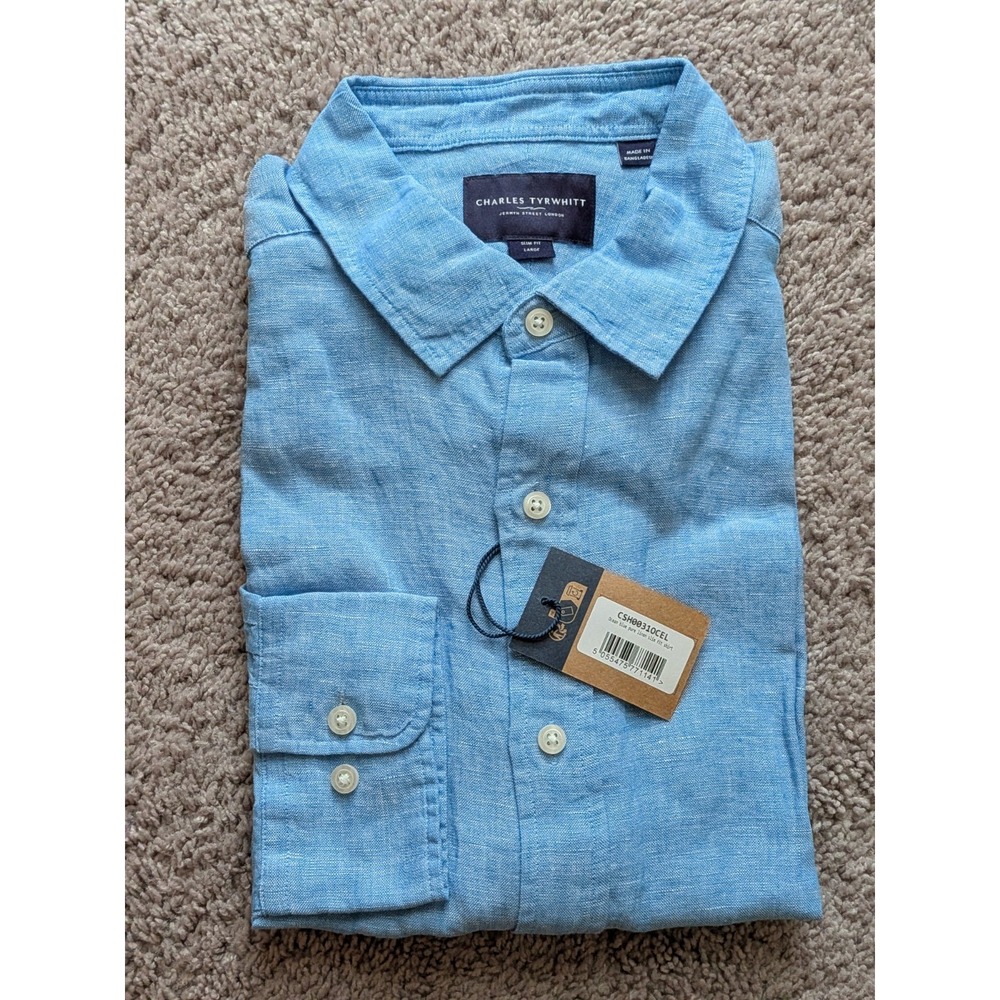 Charles Tyrwhitt Shirt Ocean Blue Pure Linen Slim Fit Large Button Up NWT Preppy